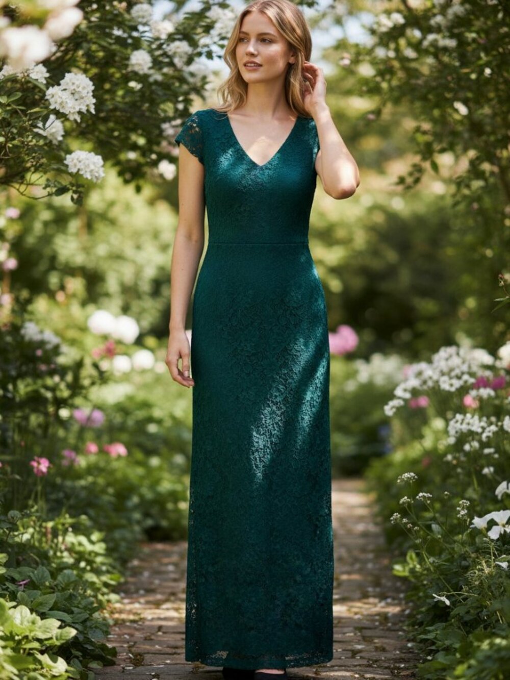 Connected apparel Dark Green Lace Sequin Maxi Dress